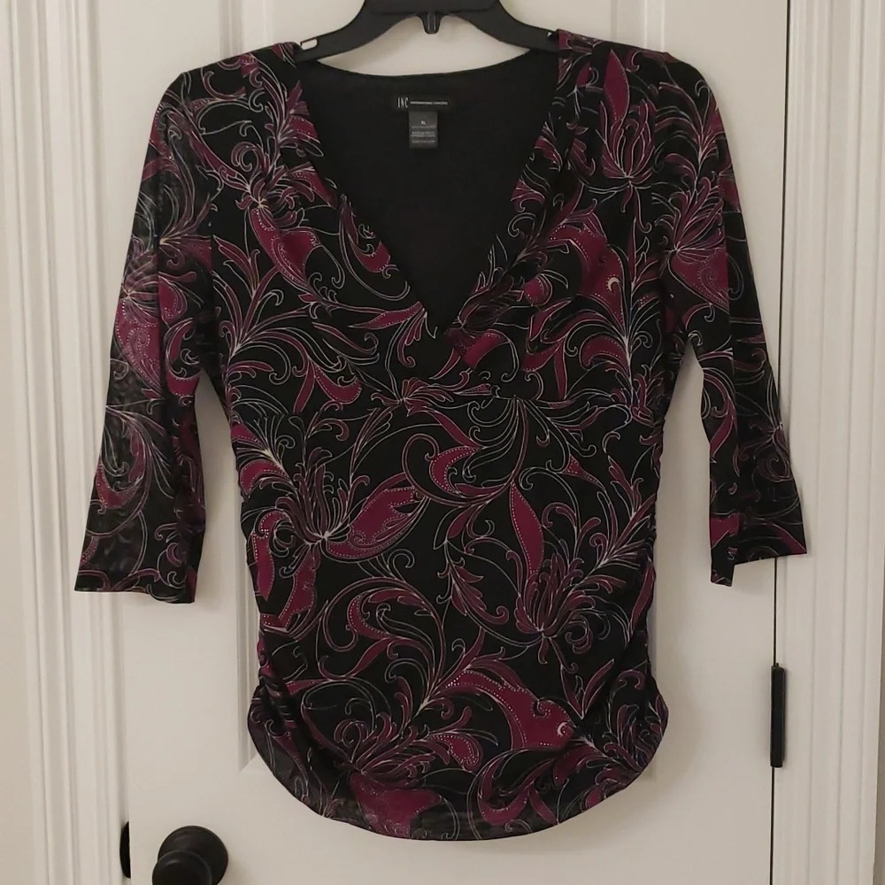 Inc Mesh Crossover Ruched Paisley Blouse Purple Black Silver Size XL